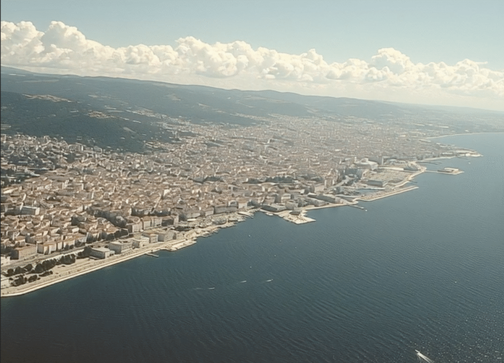 View of the Trieste seafront with waves along the Adriatic coast and historic buildings in the background.