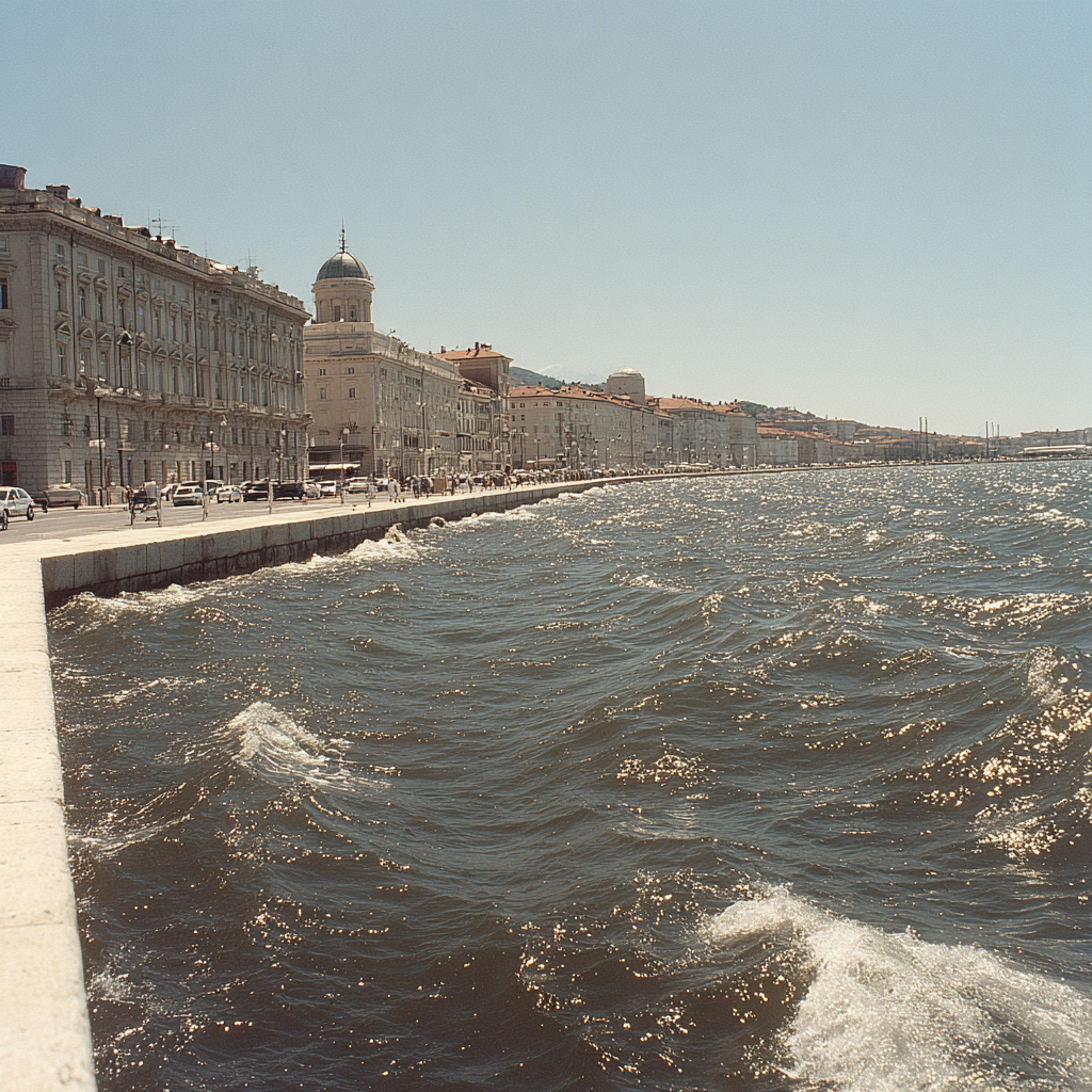 View of the Trieste seafront with waves along the Adriatic coast and historic buildings in the background.