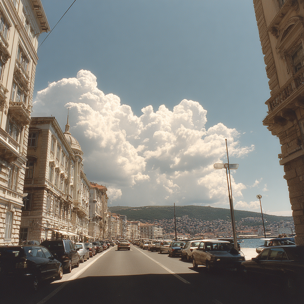 Sunny street in Trieste, Italy, with historic buildings and sea views, captured from the city’s waterfront.