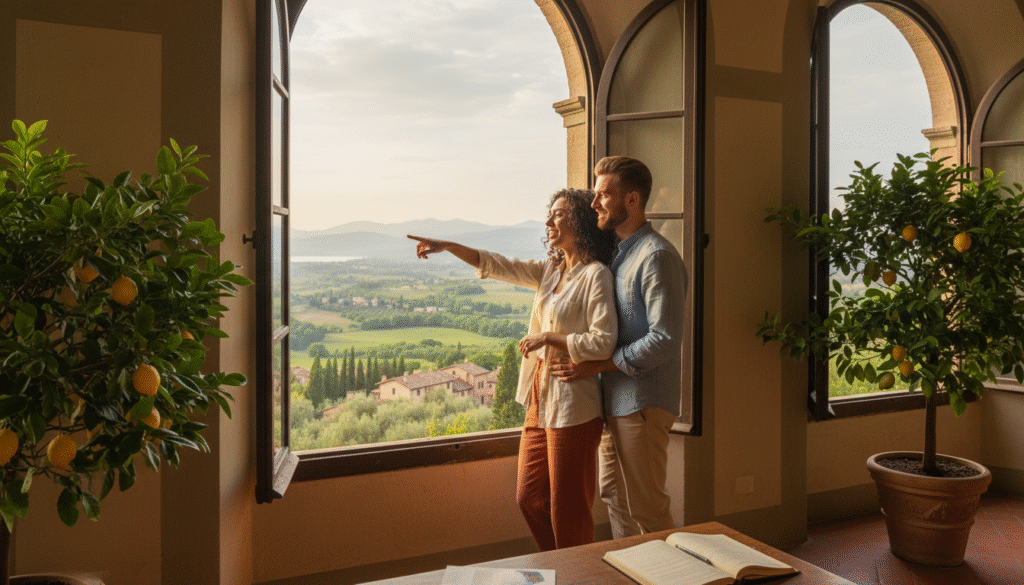 Couple enjoying a panoramic view of the Italian countryside from an open window during a home visit.